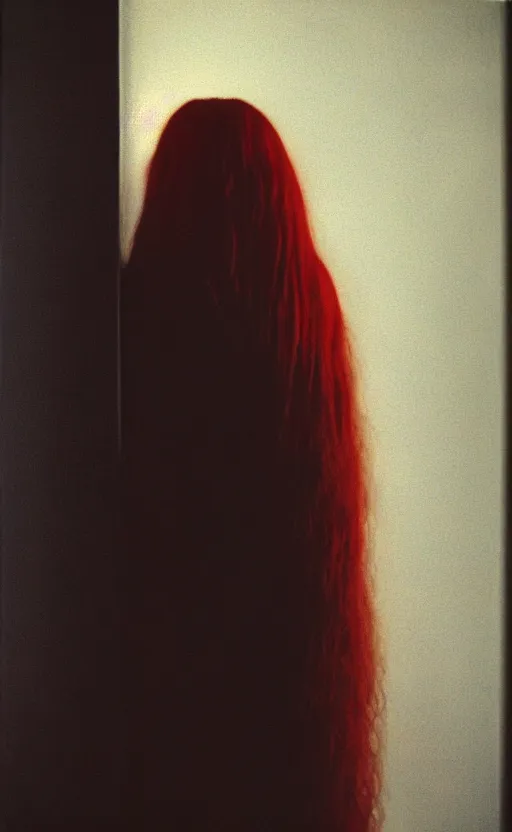 Image similar to portrait of a girl with long red hair, very beautiful style, girl standing in a black room by a window, wearing a gold suit, photorealism, deborah lou turbeville,