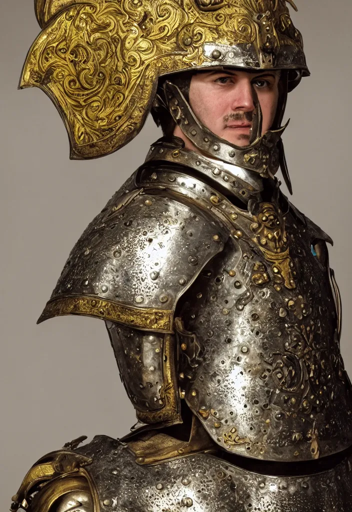 Prompt: portait of a man in decorated medieval baroque style armor and helmet and big golden cross on his chest plate high resolution high detail