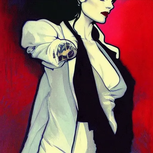 Image similar to beautiful portrait of androgynous ruby rose as desire from sandman in a white tuxedo!!!, rockabilly style,, by alphonse mucha, by jeremy mann, by peter lindbergh, dave mckean, by cedric peyravernay, white suit and black tie, soft lightning, high detailed, 8 k