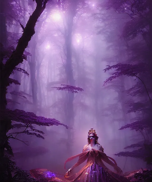 Image similar to ultra detailed, magical realism, portrait painting, of the beautiful empress within the enchanted glowing purple forest, volumetric lighting, depth of field, illusion, intricate details, by greg rutkowski, peter mohrbacher and peter coulson