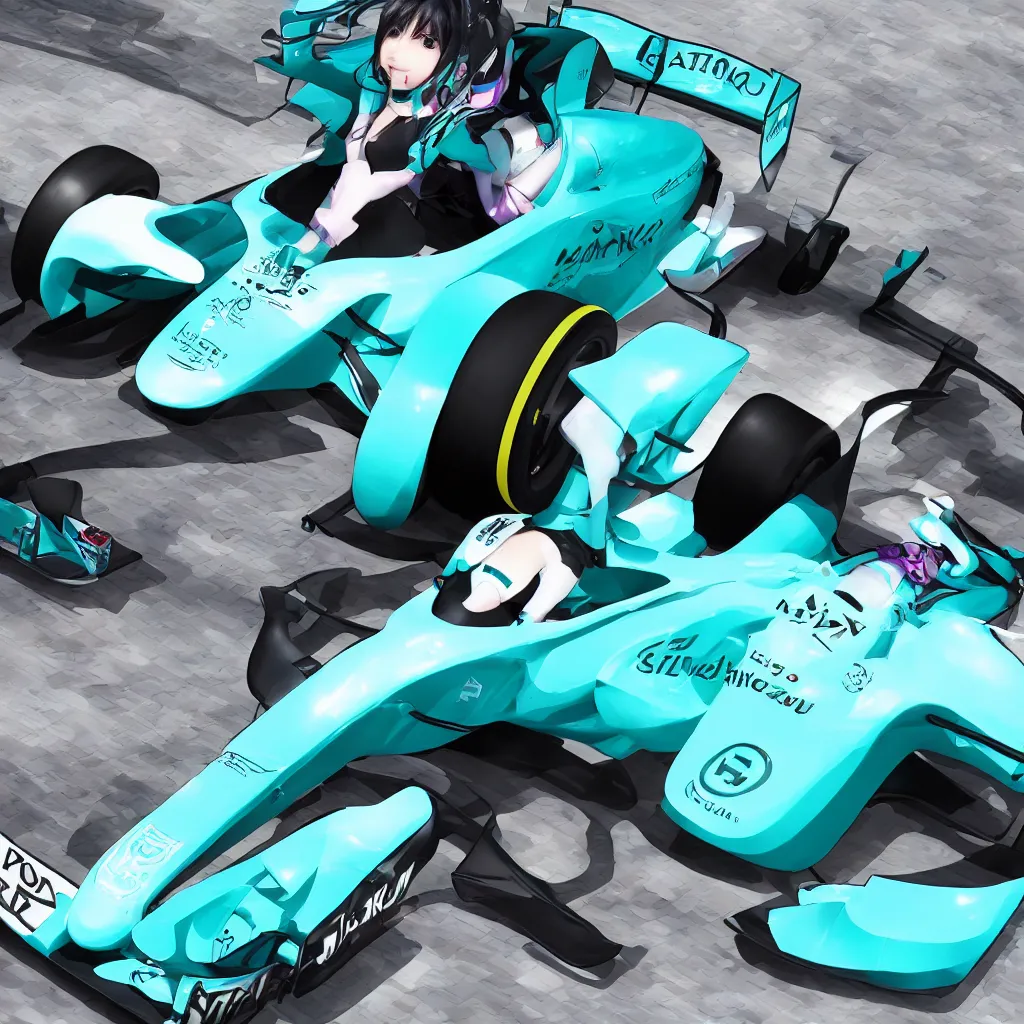 Image similar to hatsune miku driving an f 1 racecar photorealistic high resolution