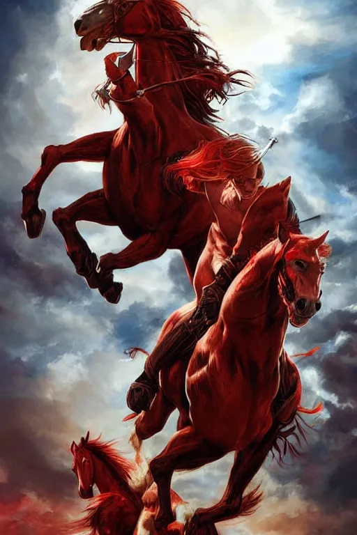Prompt: the horseman of the apocalypse riding a red stallion, horse is up on it's hindlegs, the rider looks carries a large sword, flames, artwork by artgerm and rutkowski, breathtaking, dramatic