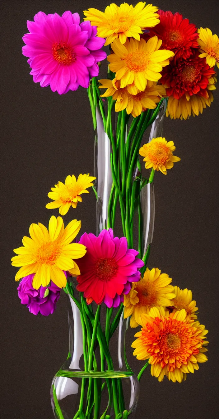 Prompt: realistic photo of three beautiful flowers in vase, sharp focus, smooth dark background, wide angle shot, very hyper realistic, highly detailed, fantasy art station