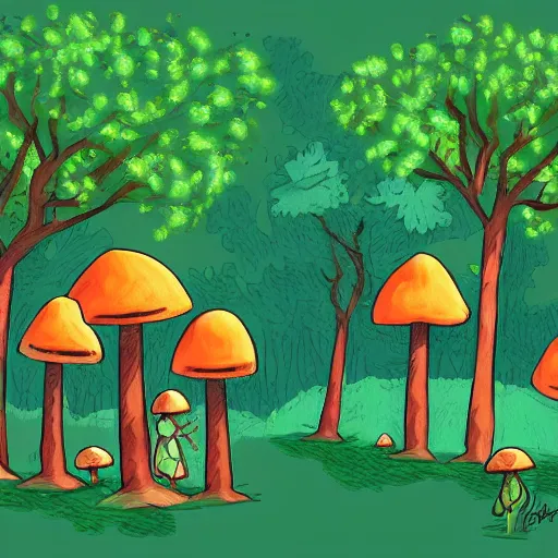Prompt: Tiny mushroom people that live near a tree. Digital art.