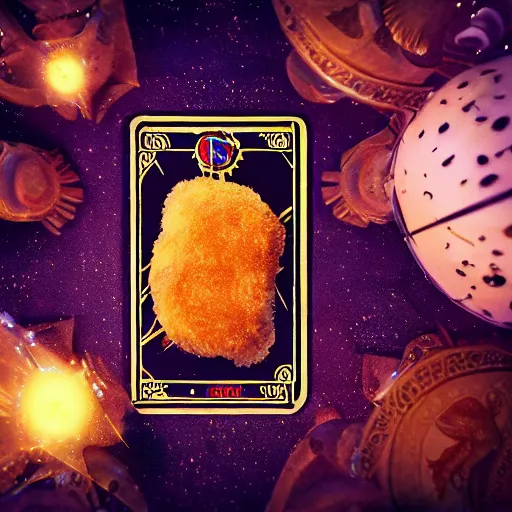 Prompt: tarot card of a chicken nugget, fairy tale, stunning, surrounding cinematic light, hyper detailed, ornate and intricate, 4 k cinematic octane render