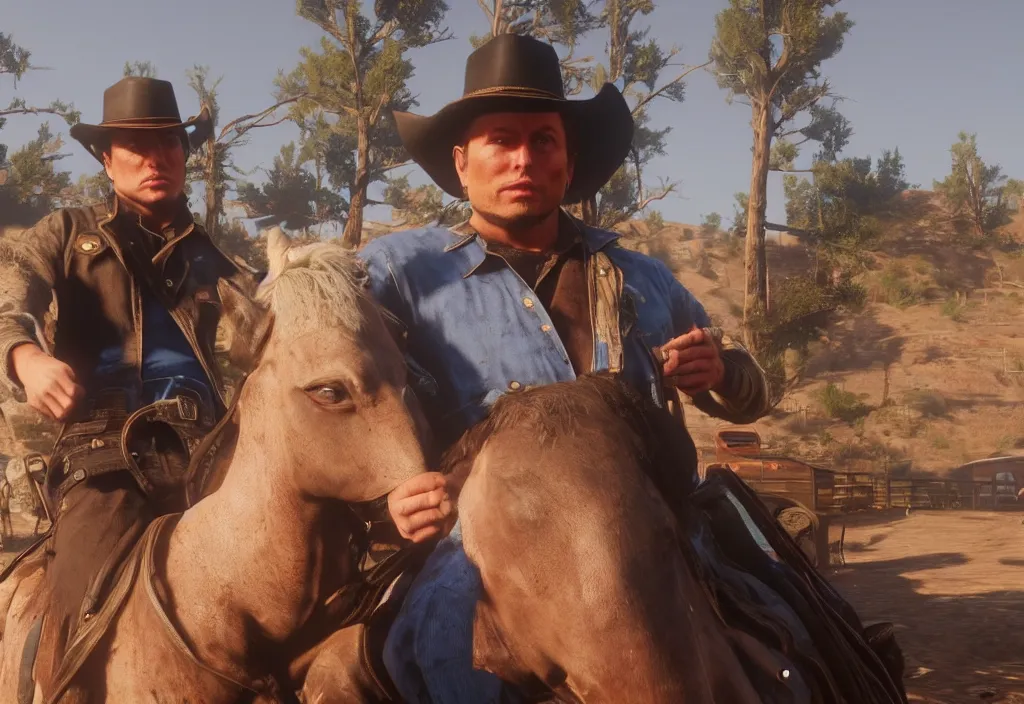 Image similar to elon musk in the red dead redemption 2, elon musk in the video game red dead redemption 2, gameplay screenshot, close up, 3 d rendering. unreal engine. amazing likeness. very detailed.