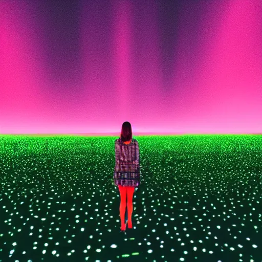 Image similar to a woman standing on steps in a field at night, a hologram by kusama, instagram, optical illusion, full body, ultra hd, neon