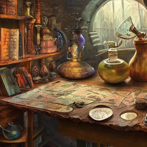 Image similar to hyper real, table, ancient map, wizards laboratory, tony sart, mortar, pestle, scales, energy flowing, magic book, beakers of colored liquid