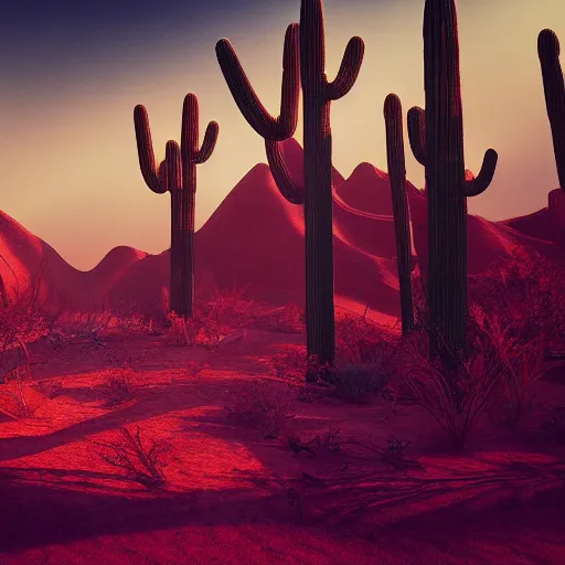 Image similar to A mystical desert with blood houngry creatures and colorfull plants,cinematic lighthing,nightmare,horror,octane render,