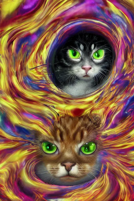 Prompt: Recursive image with a well rounded Calico feline, large eyes, shiny soft fur, anatomically correct, surrounded by mirroring swirling wisps of jelly, oil pastels and gold, in the style of Katsuhiro Otomo, modeled in Poser, Redshift render, UHD