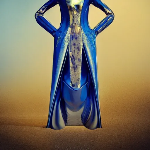 Image similar to a beautiful arabian woman wearing a futuristic dress by alexander mcqueen, thom browne, junya watanabe, dzhus, ara jo,, gareth pugh, julia krantz, andrej pejic, winde rienstra, hussein chalayan, artgerm, arabian beauty, blue eyes, smile, futuristic, organic dress, pattern, concept art, fantasy