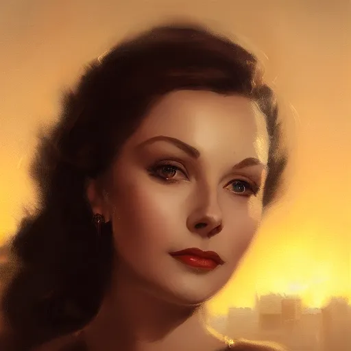 Image similar to closeup portrait of a young vivian leigh, seductive smile, chiaroscuro, city background, golden hour, dramatic lighting, complementary contrast, high detail, painted by greg rutkowski, painted by igor kieryluk, trending on artstation