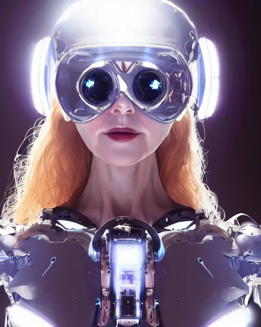 Prompt: centered portrait of soulful young nicole kidman as a solarpunk mecha humanoid robotic parts wearing crystal goggles with bright led lights, real human face, pudica gesture bouguereau style, in white room, ultra - realistic and intricate, soft portrait shot 8 k