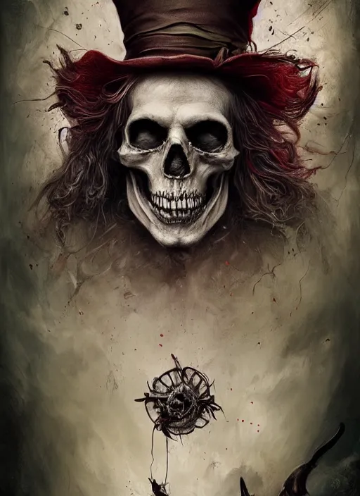 Image similar to Mad Hatter, Death Tarot card,highly detailed,half skull face,cinematic,8k,by Stanley Artgermm,Tom Bagshaw,Greg Rutkowski,Carne Griffiths, Ayami Kojima, Beksinski, Giger,trending on DeviantArt,hyper detailed,horror, full of colour