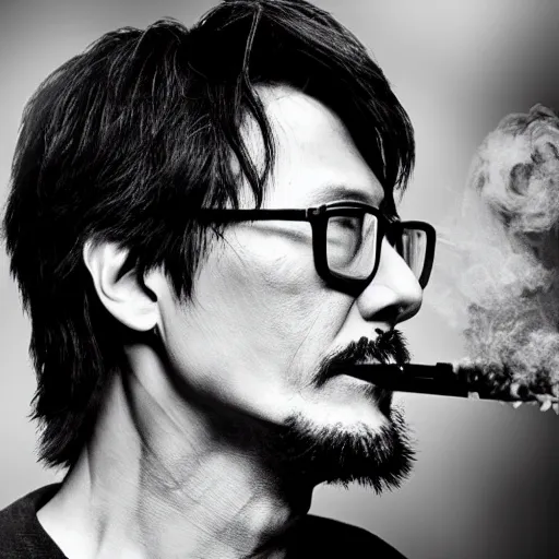 Image similar to photorealistc photograph of hideo kojima smoking a vape. black and white. intricate detail, volumetric smoke