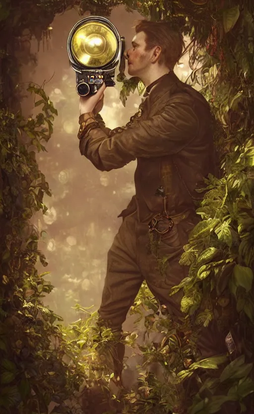 Image similar to hyper realistic male photographer looking through a vintage steampunk medium format camera, design on white background, beautiful details, lush foliage cyberpunk, gold, drawn by john singer sargent, tom bagshaw, norman rockwell, alphonso mucha, lolish, trending on artstation