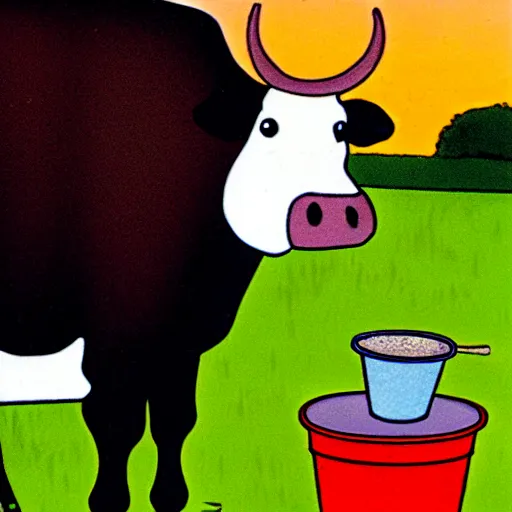 Image similar to a cow points at a bucket, illustrated by gary larson