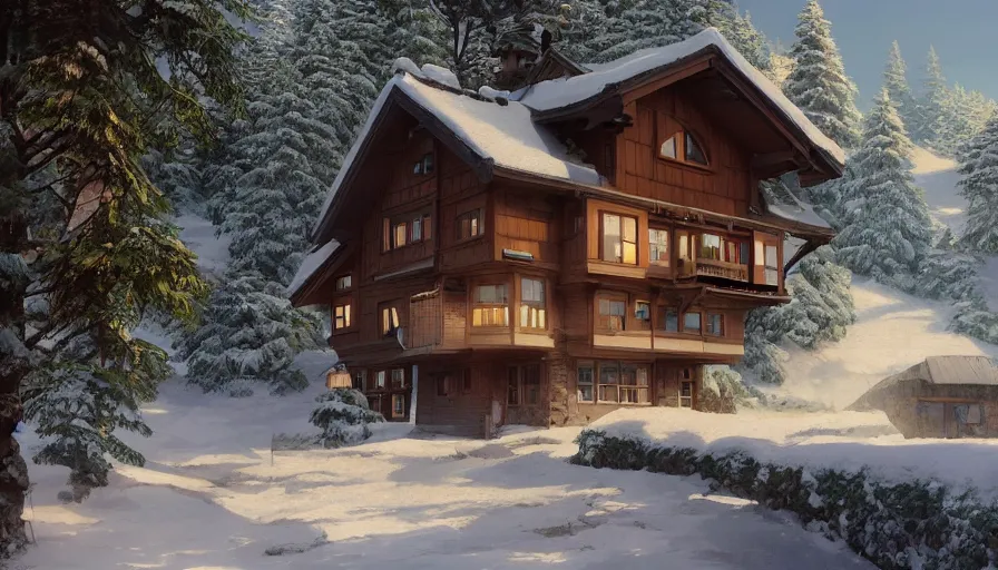 Image similar to A highly detailed matte painting of Modern chalet built in the snowy mountains, by Studio Ghibli, Makoto Shinkai, by Artgerm, by WLOP, by Greg Rutkowski, volumetric lighting, octane render, 4K resolution, trending on artstation, masterpiece