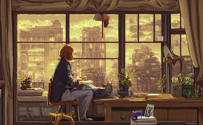 Prompt: Pulp-novel Character sitting and relaxing in front of their work desk in their cozy room as a peaceful rainy city scene is seen through the room's window. Smooth Highly detailed masterpiece pixel-art. in the style of Close Highly detailed masterpiece professional artistry Sega, Namco, Neogeo, Capcom artist's Pixel-art. Trending on artstation. Slice-of-life genre art. Balanced colors and lighting scheme by James Gurney and artgerm. In the style of a 'Music to chill/study' to youtube video.