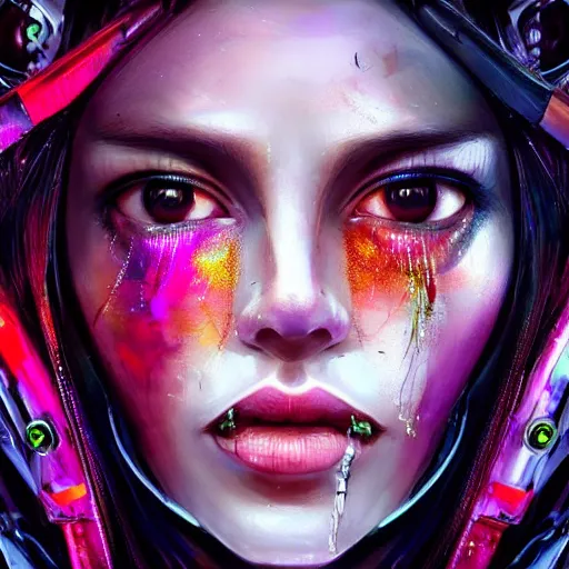 Image similar to A masterpiece portrait of a Incredibly beautiful half slightly damaged crying robot-synth girl Combat amazing makeup. tribal fashion. Cyberpunk. First sparkles. Vogue. trending on artstation, digital art, by Stanley Artgerm Lau, WLOP, Rossdraws, James Jean, Andrei Riabovitchev, Marc Simonetti, Yoshitaka Amano