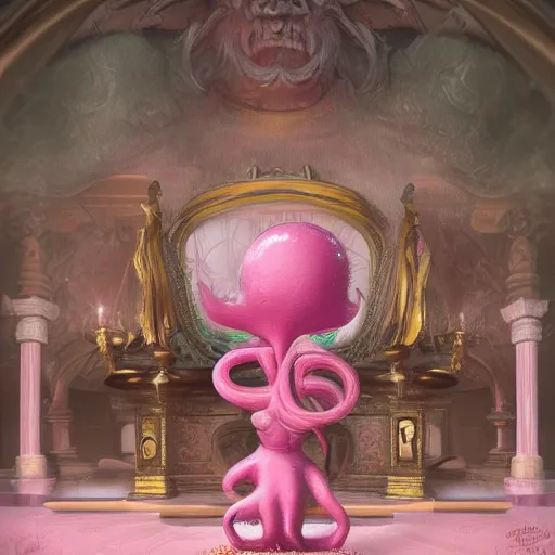 Image similar to a cute pink octopus playing videogames, sitting on a throne, digital art, trending on artstation, cgsociety, octane render, RPG portrait, dynamic lighting, hyperrealistic