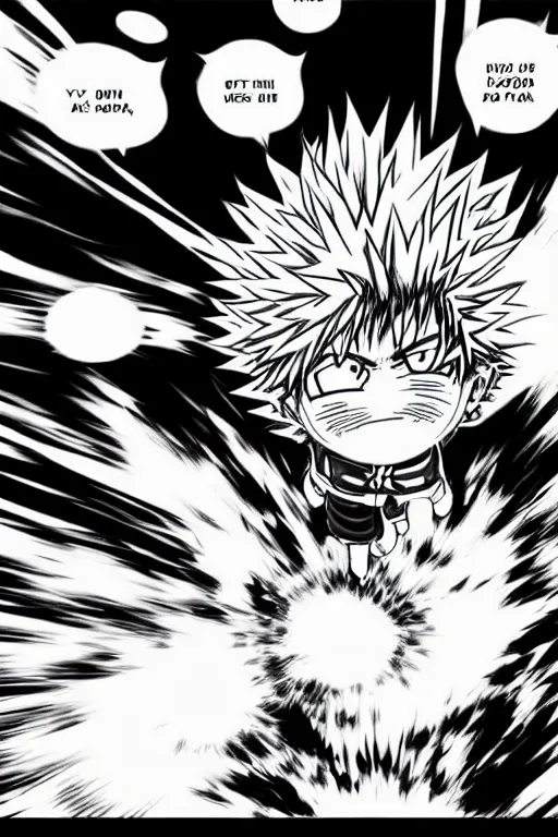 Image similar to a manga panel of bakugo katsuki with an explosion behind him, by kohei horikoshi