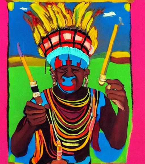 Prompt: Painting of a shaman dressed in a colorful traditional clothes. He is smoking a pipe. From the pipe there is a whole universe escaping and filing the sky