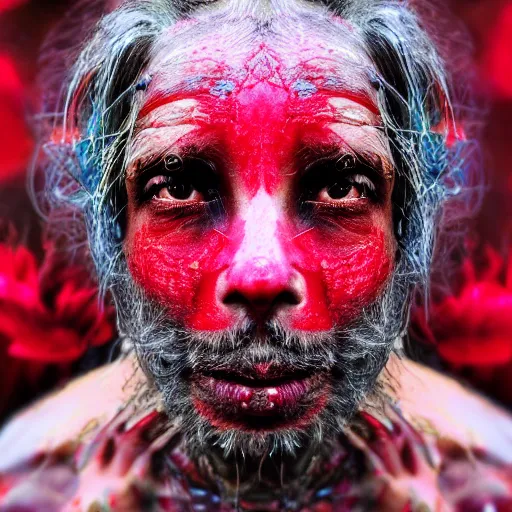 Prompt: 3 5 mm coloured film portrait of strange female aghori sadhu covered in ash creature, hyperrealism, celestial red flowers vibe, photorealistic, detailed, atmospheric, 8 k, award winning photography, cinematic