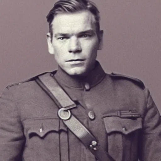 Image similar to Ewan McGregor as an officer during WW1, grainy monochrome photo