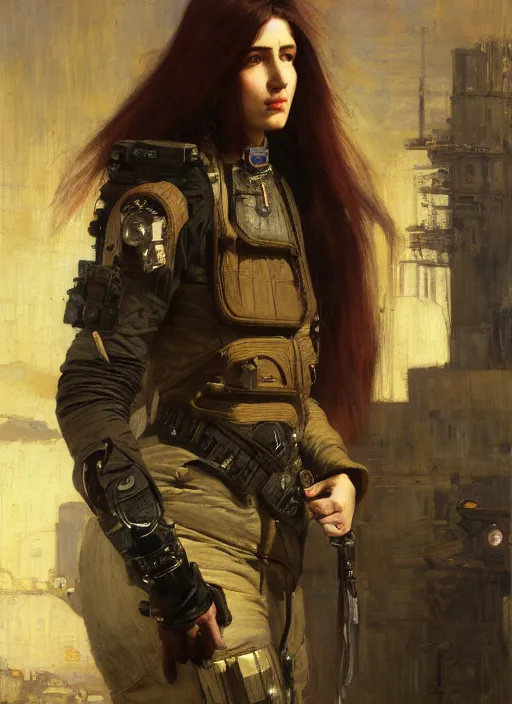 Image similar to beautiful cyberpunk pilot wearing military vest. attractive face. Iranian orientalist portrait by john william waterhouse and Edwin Longsden Long and Theodore Ralli and Nasreddine Dinet, oil on canvas. Cinematic, hyper realism, realistic proportions, dramatic lighting, high detail 4k