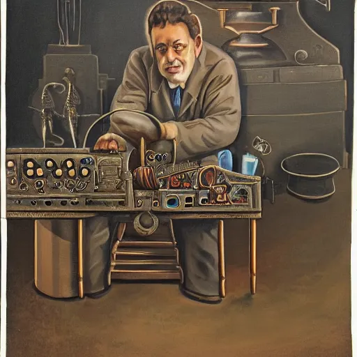 Prompt: a portrait of a magician working on ancient machines to do magic