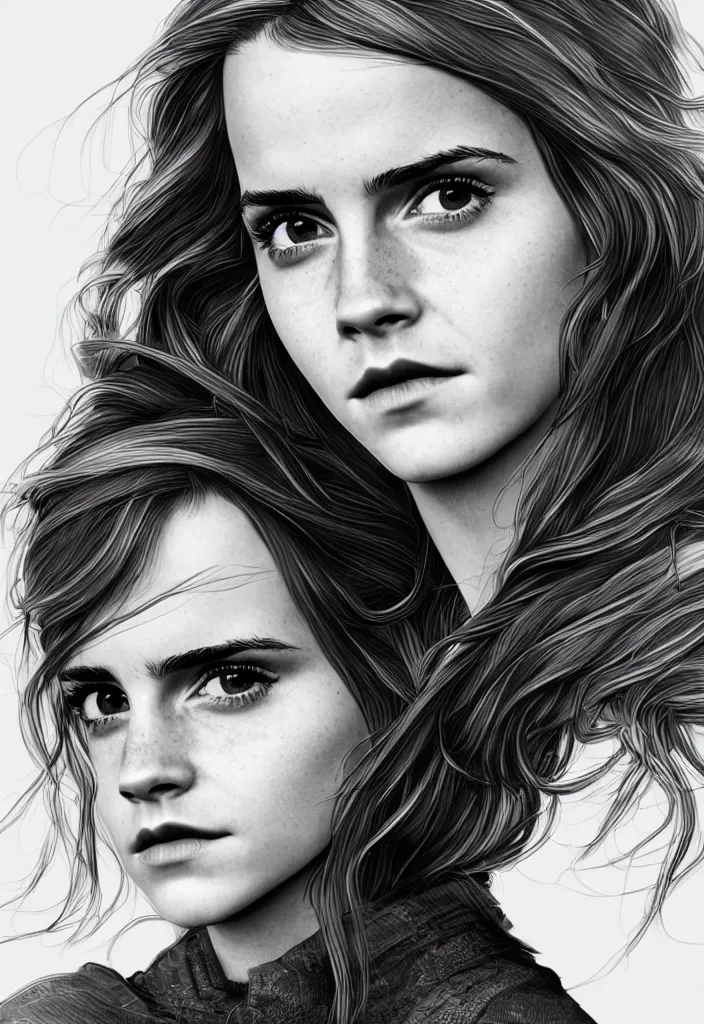 Image similar to highly detailed illustration, character portrait of Emma Watson, digital art by Martin Grip and Moebius 4k, 8k, HD