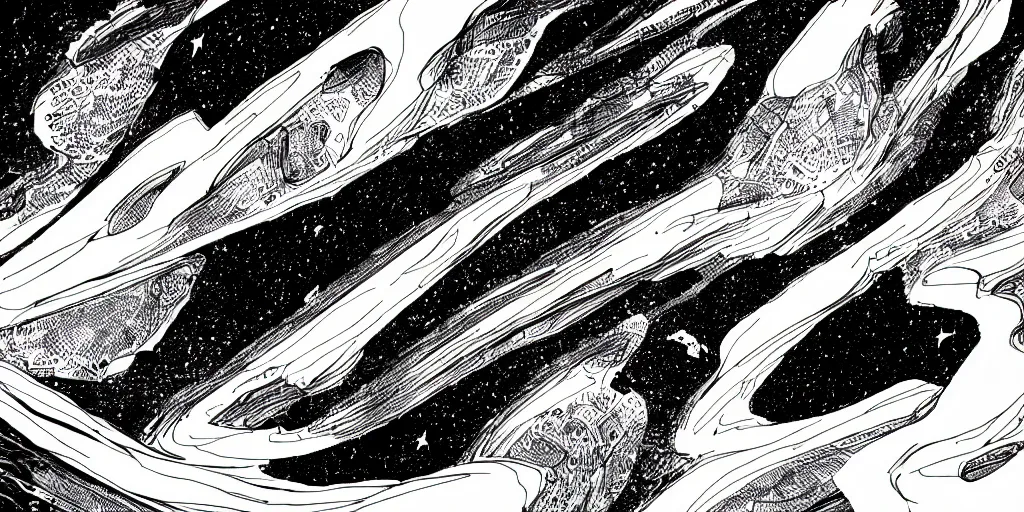 Image similar to ink line art drawing of a futuristic view of the mysterious space cosmos universe, wide angle, space background, artstation, illustration, high contrast, deep black tones contour