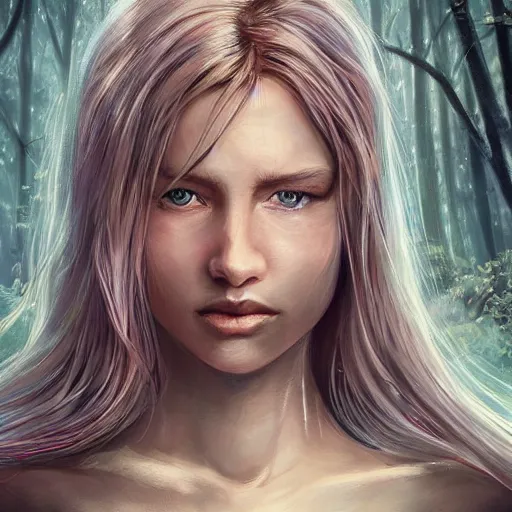 Image similar to epic portrait, An ninja female without her mask, blonde flowing long hair, pretty face, glossy lips, glowing eyes, Blurred forest backround, digital painting, artstation, concept art, soft light, hdri, smooth, sharp focus, illustration, fantasy, intricate, elegant, highly detailed, D&D, matte painting, in the style of Greg Rutkowski and Alphonse Mucha and artemisia, 8k, highly detailed, jurgens, rutkowski, bouguereau, pastoral, rustic, georgic