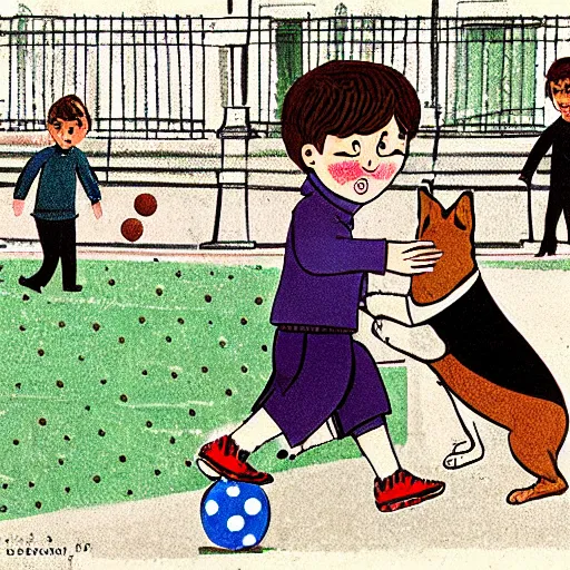 Image similar to book illustration of a french boy on the streets of paris playing football against a corgi, the dog is wearing a polka dot scarf, 1 9 6 6