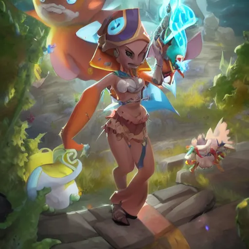 Image similar to Miss Dofus fanart in pokemon world Hero epic legend fantasy , by Stanley Artgerm Lau, WLOP, Rossdraws, James Jean, Andrei Riabovitchev, Marc Simonetti, Yoshitaka Amano, ArtStation, CGSociety,