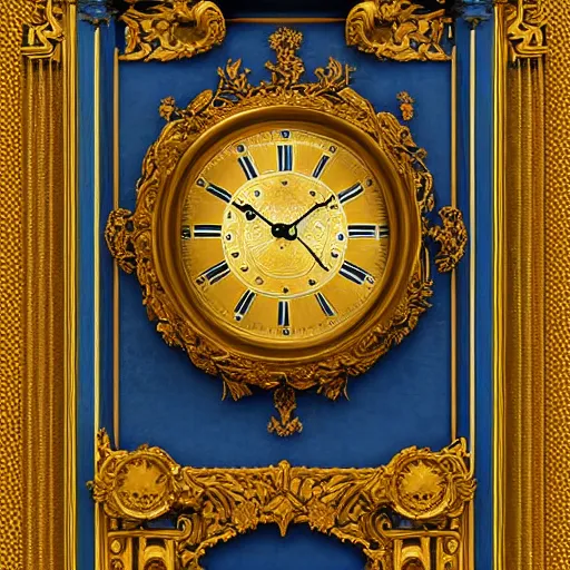 Image similar to an ornate golden wall clock in blue room, digital art, highly detailed, high contrast, beautiful lighting, award winning, trending on art station, photorealistic, 8 k,