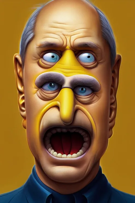 Image similar to vladimir putin as a yellow funny character from the simpsons, realistic portrait, symmetrical, highly detailed, digital painting, artstation, concept art, smooth, sharp focus, illustration, cinematic lighting, art by artgerm and greg rutkowski and alphonse mucha