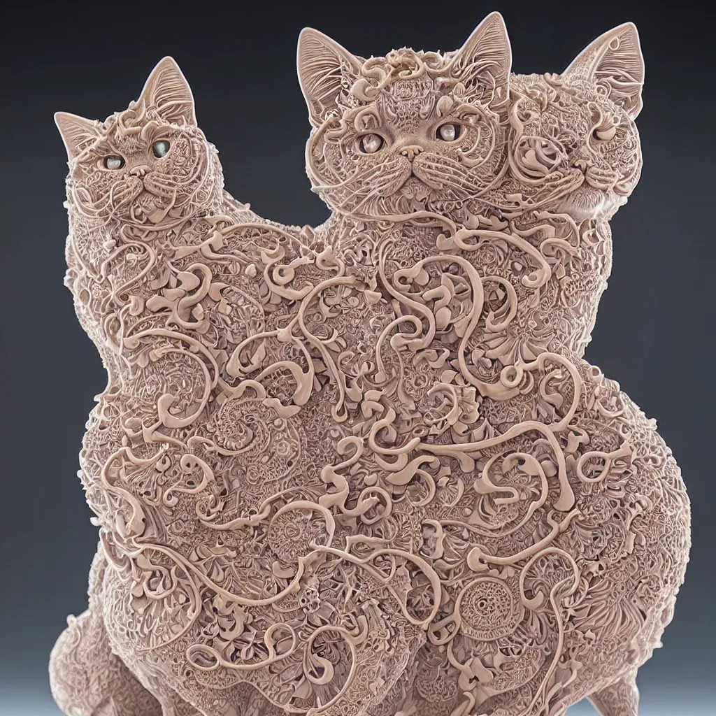 Image similar to a single close up photo - real delicate ceramic porcelain sculpture of an ornate symmetrical persian cat detailed in front of an intricate background by victo ngai and takato yamamoto, micro detail, backlit lighting, face in focus, subsurface scattering, translucent, thin porcelain, octane rendered, colorful, physically based rendering, japanese pottery, trending on cgsociety