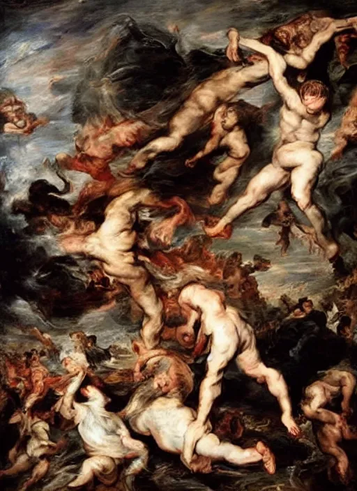 Image similar to ( ( ( ( ( painting, people falling off a playground, adventure playground, by peter paul rubens ) ) ) ) ) style of fall of the damned by peter paul rubens!!!!!!!