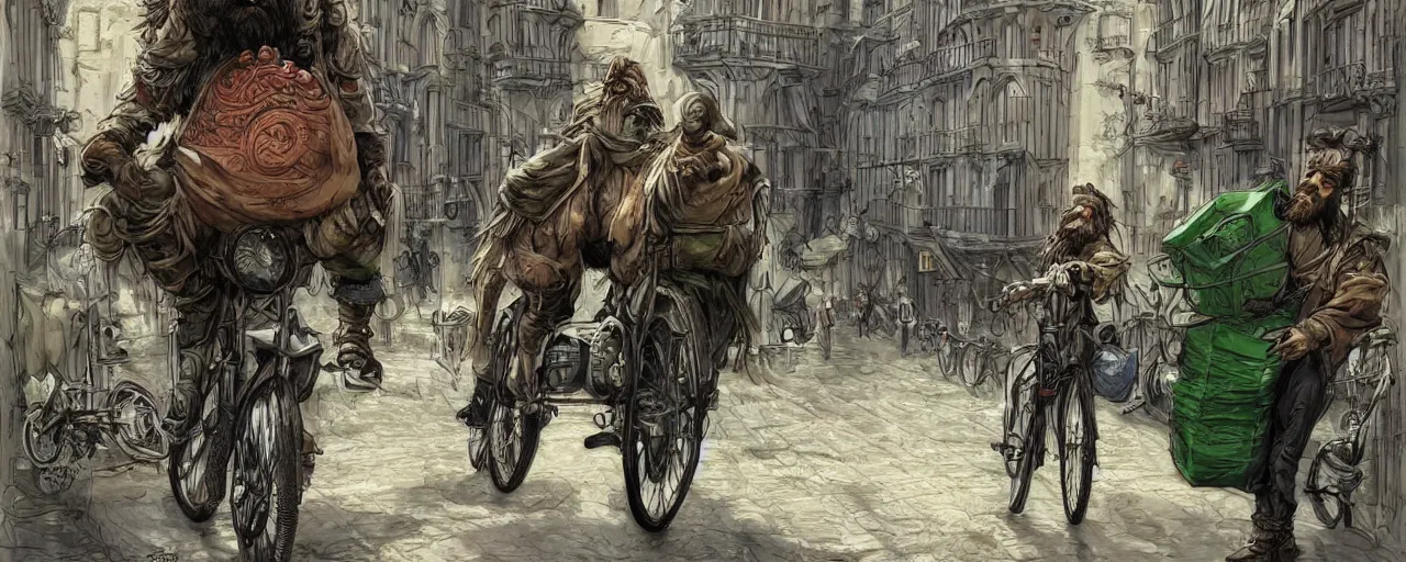 Image similar to a bearded and long haired bicycle food delivery worker with a green bag on his back in rossio lisbon, he has boots, epic fantasy style art by kim jung gi, fantasy epic digital art