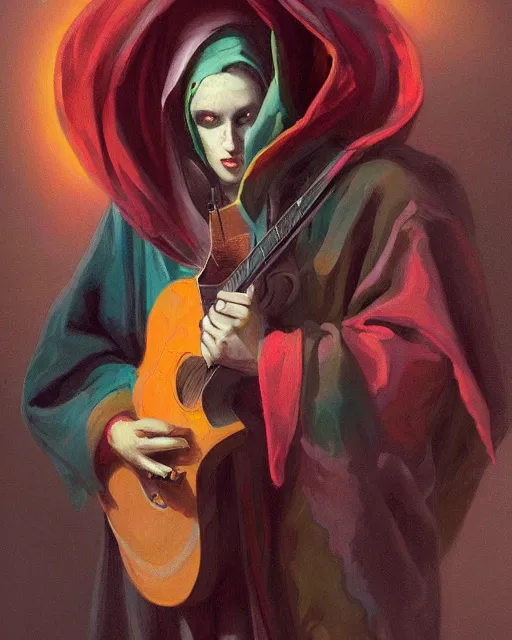 Prompt: colorful baroque portrait of a shadowy man wearing a hooded cloak, playing a guitar, gallery art by peter mohrbacher, artstation, artgate