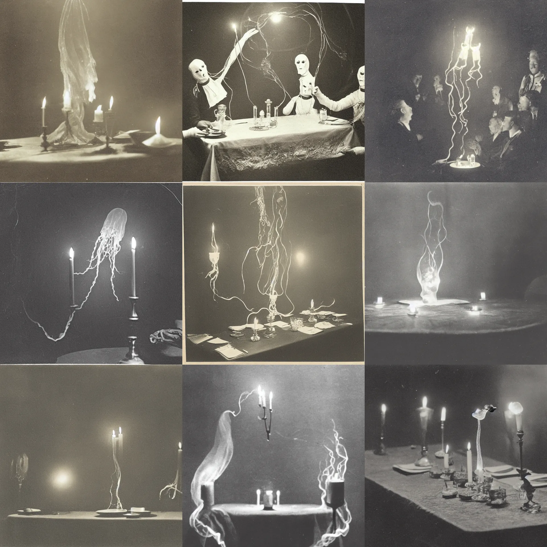 Prompt: a vintage photograph of a siphonophore ghost floating above the table during a seance, candlelight, joining hands