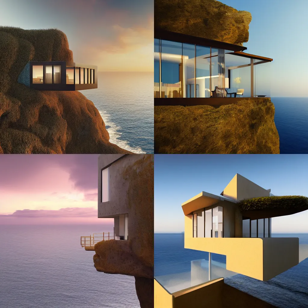 Prompt: modern house on a cliff overlooking the ocean, golden hour, architecture, concept art, matte painting, 4 k