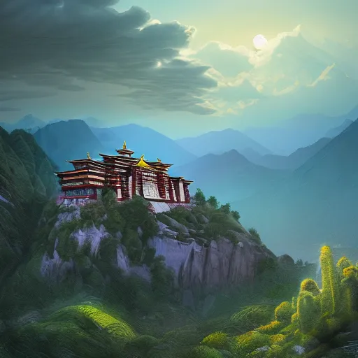 Prompt: tibetan palace carved into a mountain side, big green trees, colorful clouds, dramatic lighting, artstation, matte painting, raphael lacoste, simon stalenhag, frank lloyd wright