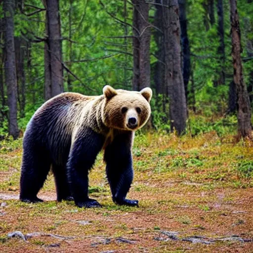 Image similar to a bear walking in the forrest. the bear is enormous