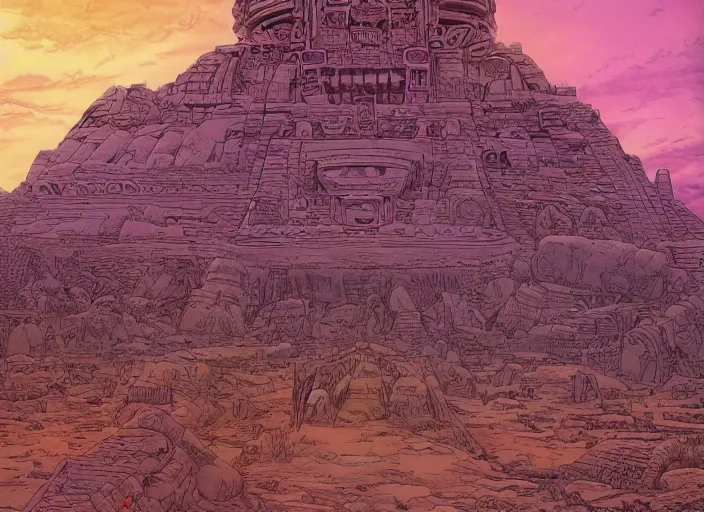 Prompt: wide angle view of a massive aztec statue on an alien planet by jeff darrow and moebius, earth and pastel colors, dramatic perspective, highly detailed, ultra realistic, masterpiece, 4 k, 8 k