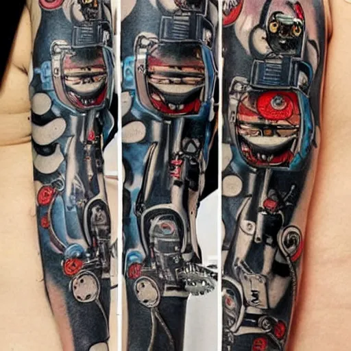 Image similar to Anime manga robot!! cat tattoo, cyborg cat, exposed wires and gears, fully robotic!! cat, manga!! in the style of Junji Ito, Hayao Miyazaki and Naoko Takeuchi, cute!! chibi!!! cat, tattoo on upper arm, arm tattoo