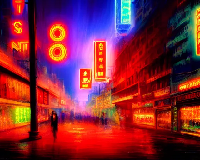 Image similar to a toyko street lit by neon lights painting by j. m. w. turner. cinematic, beautiful lighting, detailed background, 8 k