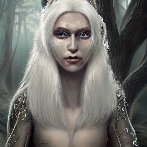 Prompt: a highly detailed portrait of a humanoid fantasy creature with white hair in a fantasy forest concept art
